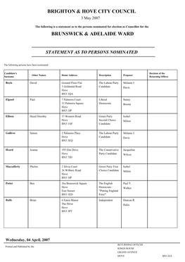 Brighton & Hove City Council Brunswick & Adelaide Ward