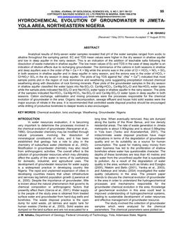 Hydrochemical Evolution of Groundwater in Jimeta- Yola Area, Northeastern Nigeria