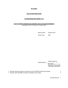 SOUTH INTERIOR GENERATION SHEDDING and OUTAGE REQUIREMENTS Supersedes SOO 7T-34 Issued 13 October 2020