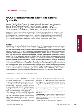 APOL1 Renal-Risk Variants Induce Mitochondrial Dysfunction