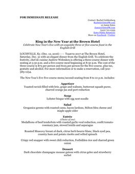 Ring in the New Year at the Brown Hotel Celebrate New Year’S Eve with an Exquisite Three Or Five-Course Feast in the English Grill