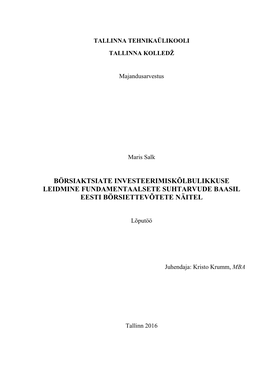 Börsiaktsiate Investeerimiskõlbulikkuse Leidmine Fundamentaalsete Suhtarvude Baasil Eesti Börsiettevõtete Näitel