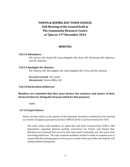 TOWYN & KINMEL BAY TOWN COUNCIL Full Meeting of the Council Held at the Community Resource Centre at 7Pm on 17Th December 2