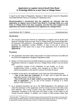 Application to Register Land at South View Road in Tunbridge Wells As a New Town Or Village Green