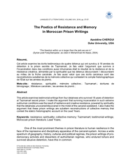 The Poetics of Resistance and Memory in Moroccan Prison Writings