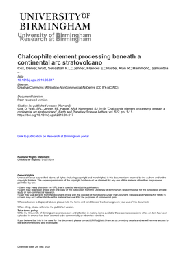 University of Birmingham Chalcophile Element Processing Beneath