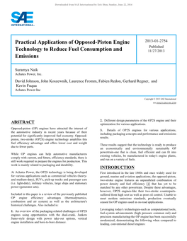 Practical Applications of Opposed-Piston Engine 2013-01-2754 Published Technology to Reduce Fuel Consumption and 11/27/2013 Emissions