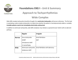 Foundations EKG I - Unit 6 Summary Approach to Tachyarrhythmias Wide Complex