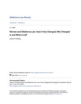 Women and Oklahoma Law: How It Has Changed, Who Changed It, and What Is Left