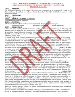 MINUTES of HAMBRIDGE and WESTPORT PARISH COUNCIL VIRTUAL MONTHLY MEETING HELD on WEDENSDAY 14Th APRIL 2021 VIA ZOOM at 7.30 P.M