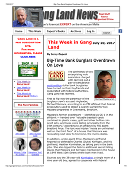 This Week in Gang Land Big-Time Bank Burglars Overdrawn on Love