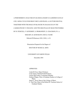 A Performer's Analysis of Lili Boulanger's Clairières Dans Le Ciel: Song Cycle for High Voice and Piano; a Lecture Recital