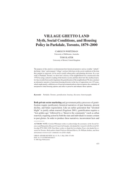 Myth, Social Conditions and Housing Policy in Parkdale, Toronto, 1879