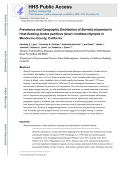 Prevalence and Geographic Distribution of Borrelia Miyamotoi in Host-Seeking Ixodes Pacificus (Acari: Ixodidae) Nymphs in Mendocino County, California