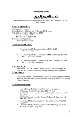 Ayat Bozeya (Bouzieh) Assistant Professor Nanotechnology Institute/ Jordan University of Science and Technology (JUST), Irbid, Jordan