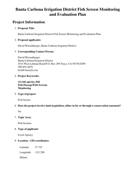 Banta Carbona Irrigation District Fish Screen Monitoring and Evaluation Plan Project Information