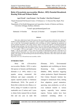 Botia (Chromobotia Macracanthus Bleeker, 1852) Potential Broodstock Rearing with and Without Shelter
