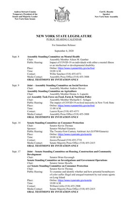 New York State Legislature Public Hearing Calendar