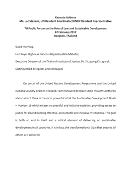 Keynote Address Mr. Luc Stevens, UN Resident Coordinator/UNDP Resident Representative