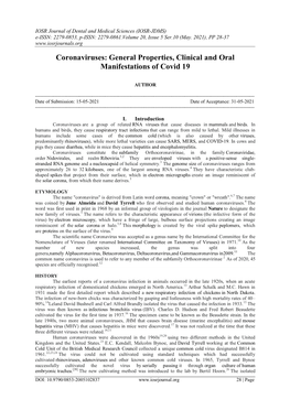 Coronaviruses: General Properties, Clinical and Oral Manifestations of Covid 19