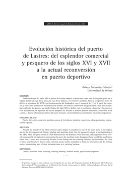 Evolución Histórica Del Puerto De Lastres: Del Esplendor Comercial Y Pesquero De Los Siglos XVI Y XVII a La Actual Reconversión En Puerto Deportivo