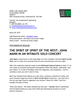 The Spirit of Spirit of the West: John Mann in an Intimate Solo Concert