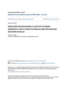 Predation and Behavioral Plasticity in Green Swordtails: Mate Choice in Females and Exploratory Behavior in Males