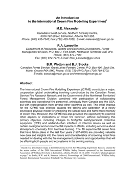 An Introduction to the International Crown Fire Modelling Experim Ent M.E. Alexander R.A. Lanoville B.M. W Otton and B.J. Stocks