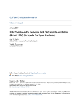 Color Variation in the Caribbean Crab Platypodiella Spectabilis (Herbst, 1794) (Decapoda, Brachyura, Xanthidae)