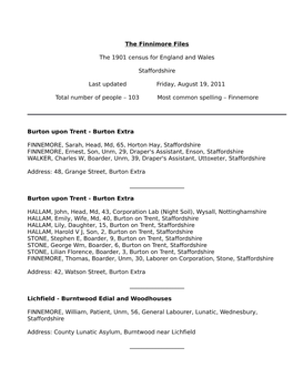 The Finnimore Files the 1901 Census for England and Wales