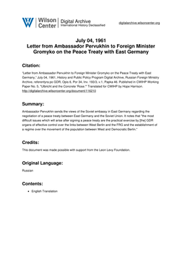 July 04, 1961 Letter from Ambassador Pervukhin to Foreign Minister Gromyko on the Peace Treaty with East Germany