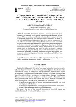 Comparative Analysis of Sustainable Real Estate Market Development in Two Northern Capitals: Case of Riga, Latvia and Stockholm, Sweden