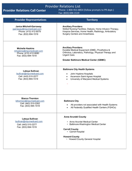 Provider Relations List Provider Relations Call Center Phone: 1-800-953-8854 (Follow Prompts to PR Dept.) Fax: (833) 694-1519