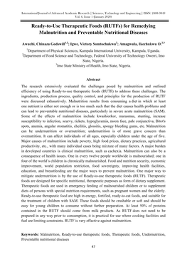 Ready-To-Use Therapeutic Foods (Rutfs) for Remedying Malnutrition and Preventable Nutritional Diseases