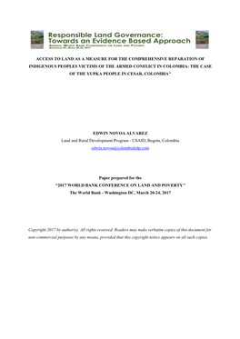 Access to Land As a Measure for the Comprehensive Reparation of Indigenous Peoples Victims of the Armed Conflict in Colombia: Th