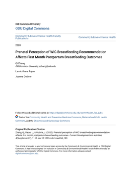 Prenatal Perception of WIC Breastfeeding Recommendation Affects First Month Postpartum Breastfeeding Outcomes