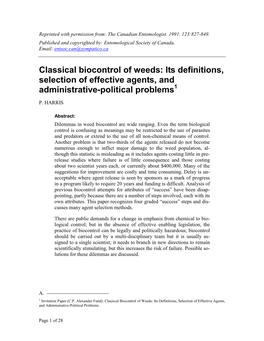 Classical Biocontrol of Weeds: Its Definitions, Selection of Effective Agents, and Administrative-Political Problems1