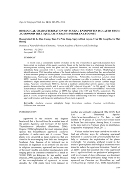 Biological Characterization of Fungal Endophytes Isolated from Agarwood Tree Aquilaria Crassna Pierre Ex Lecomte