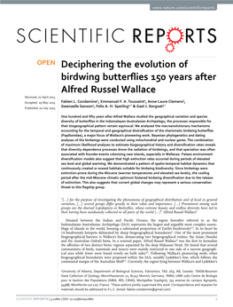 Deciphering the Evolution of Birdwing Butterflies 150 Years After Alfred Russel Wallace Received: 02 April 2015 1 2 3 Accepted: 29 May 2015 Fabien L