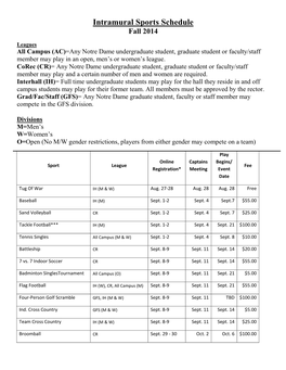 Intramural Sports Schedule Fall 2014