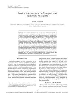 Cervical Arthroplasty in the Management of Spondylotic Myelopathy