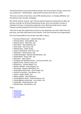 General Election Has Produced Little Change in the UK Innovation Corridor, with All but One Constituency - Peterborough - Staying with the Party Which Won It in 2017