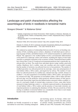 Landscape and Patch Characteristics Affecting the Assemblages of Birds in Reedbeds in Terrestrial Matrix