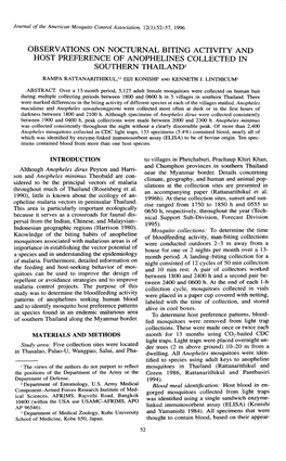 Observations on Nocturnal Biting Activity and Host Preference of Anophelines Collected in Southern Thailandi