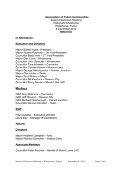Association of Yukon Communities Board of Directors Meeting Westmark Whitehorse Whitehorse, Yukon 8 December 2012 MINUTES