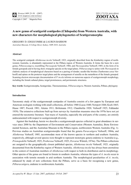 Zootaxa 1409: 23–50 (2007) ISSN 1175-5326 (Print Edition) ZOOTAXA Copyright © 2007 · Magnolia Press ISSN 1175-5334 (Online Edition)