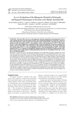 In Vivo Evaluation of the Mutagenic Potential of Estragole and Eugenol Chemotypes of Ocimum Selloi Benth