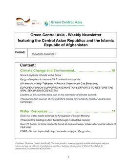 Weekly Newsletter Featuring the Central Asian Republics and the Islamic Republic of Afghanistan Content