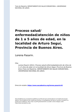 Proceso Salud/ Enfermedad/Atención De Niños De 1 a 5 Años De Edad, En La Localidad De Arturo Seguí, Provincia De Buenos Aires