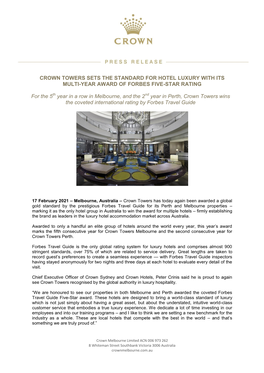 Crown Towers Sets the Standard for Hotel Luxury with Its Multi-Year Award of Forbes Five-Star Rating